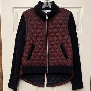 Veronica Beard Patra Mixed Media Jacket in burgundy/navy color.
